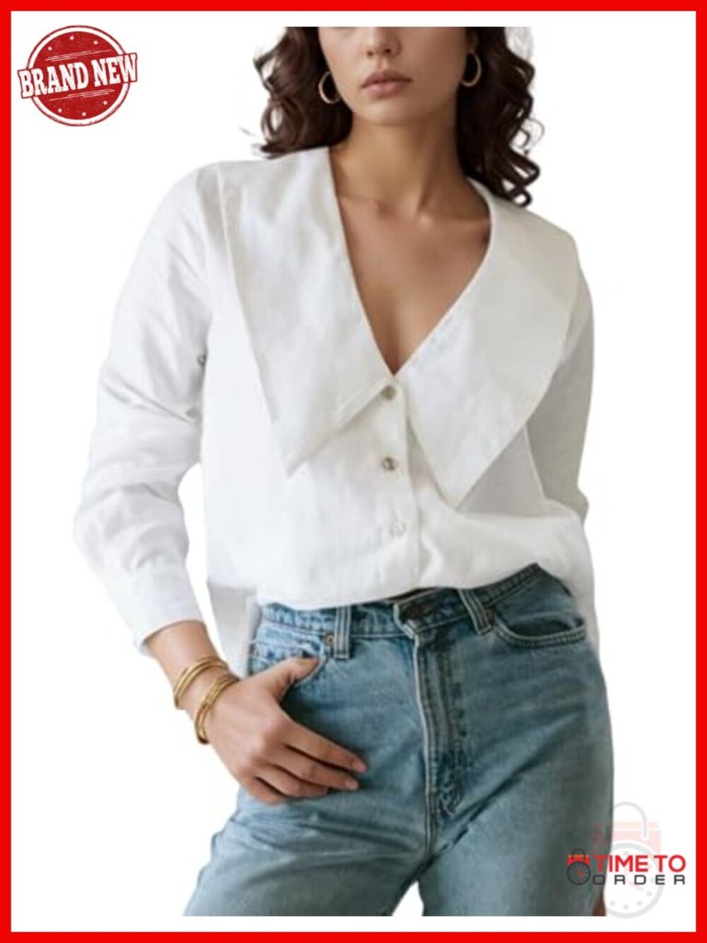Cotton Linen Long Sleeve Button Down Oversized Collar Blouse
